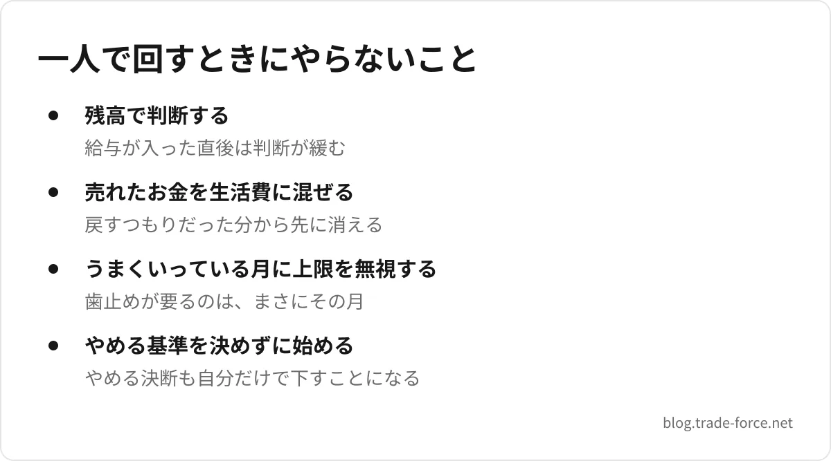 一人で回すときにやらないこと — 残高で判断する(給与が入った直後は判断が緩む)、売れたお金を生活費に混ぜる(戻すつもりだった分から先に消える)、うまくいっている月に上限を無視する(歯止めが要るのは、まさにその月)、やめる基準を決めずに始める(やめる決断も自分だけで下すことになる)